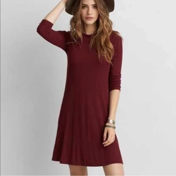 American Eagle Dress Burgundy Soft Swing Knit Mock Neck - Picture 1 of 10
